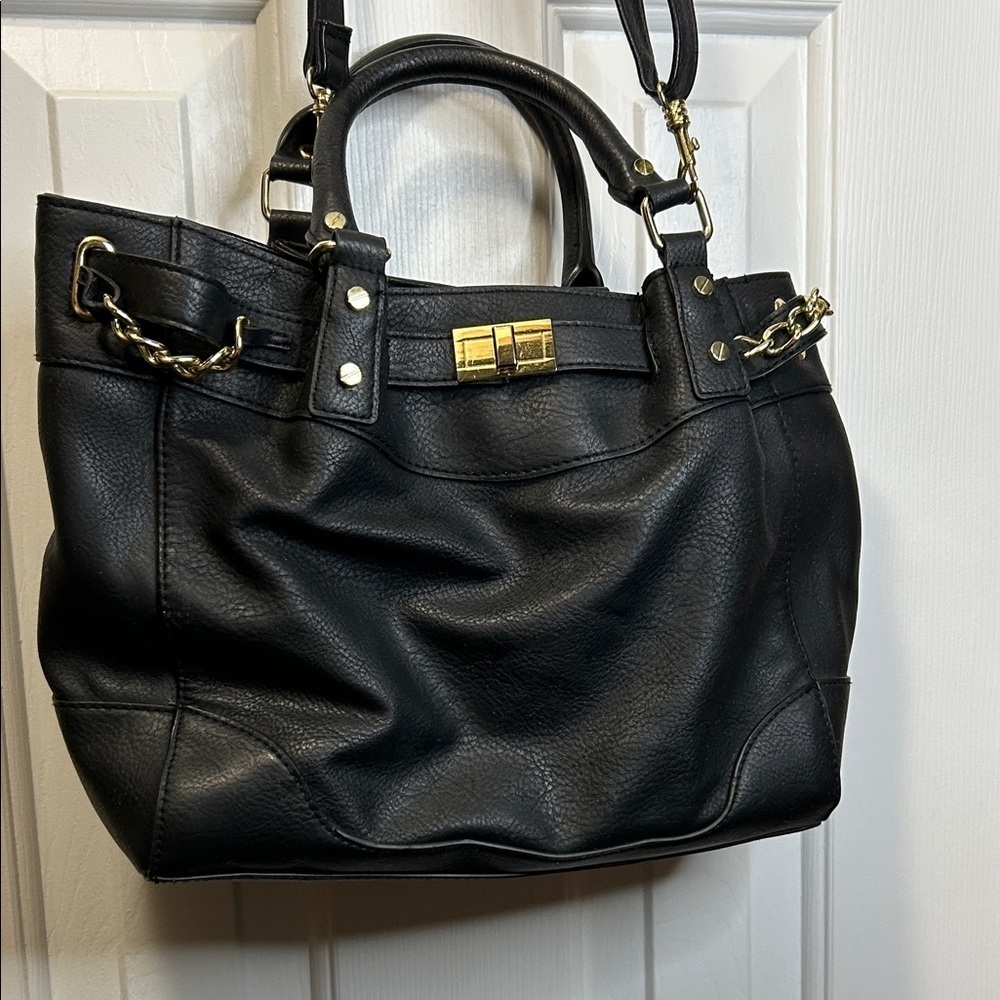 Black Faux Leather Shoulder Bag with Adjustable Strap and Gold Hardware EUC